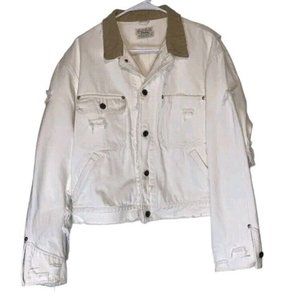 Vtg Polo Ralph Lauren Thrashed Denim Jacket Dungarees Mens Lg White Distressed